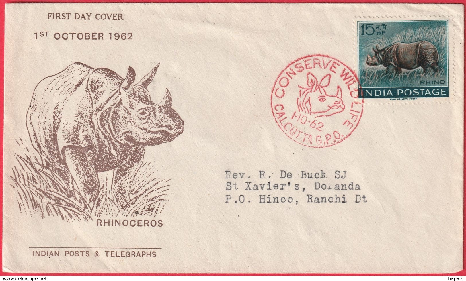 Inde (Calcutta - 1-10-62) - Enveloppe FDC - Rhinocéros (Recto) - FDC