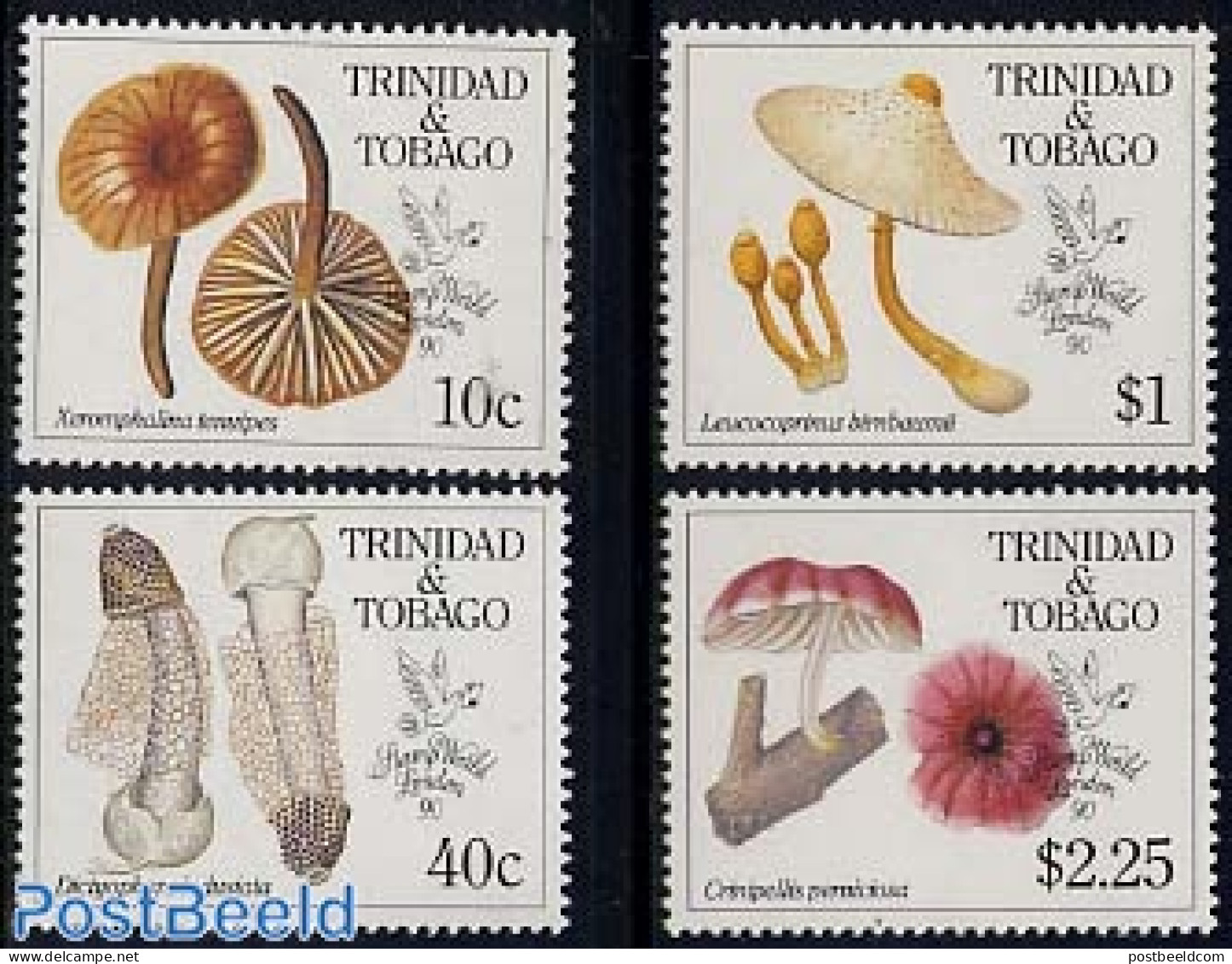 Trinidad & Tobago 1990 Stamp World, Mushrooms 4v, Mint NH, Nature - Mushrooms - Pilze