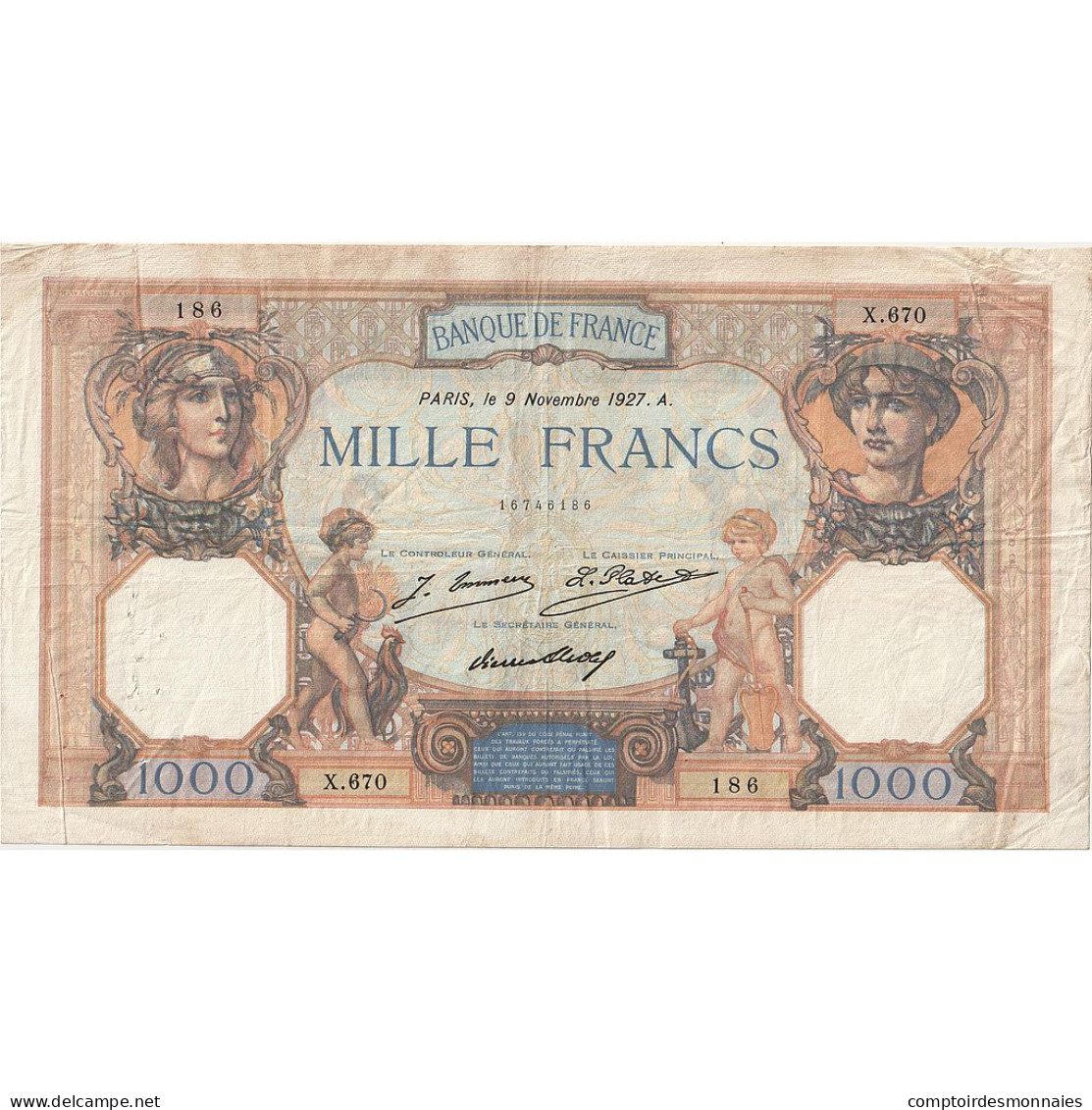 France, 1000 Francs, Cérès Et Mercure, 1927, X.670, TB+, Fayette:37.01, KM:79a - 1 000 F 1927-1940 ''Cérès E Mercure''