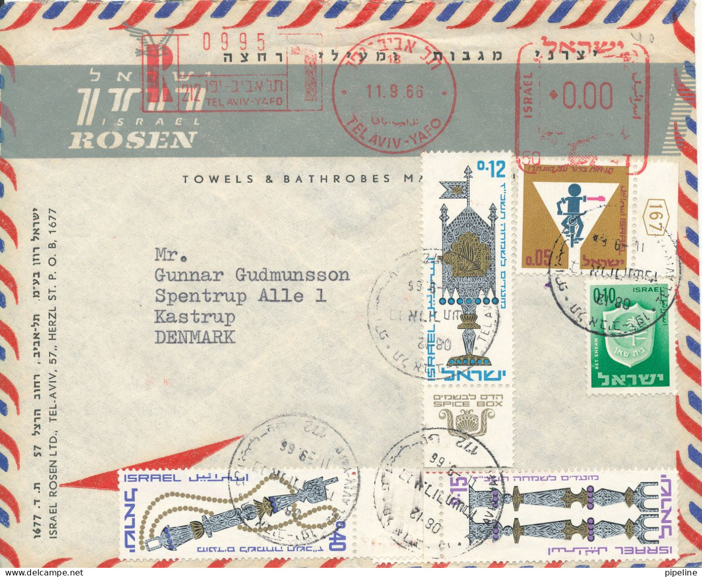 Israel Registered Air Mail Cover With Red Meter Cancel And Stamps Sent To Denmark 11-9-1966 - Poste Aérienne