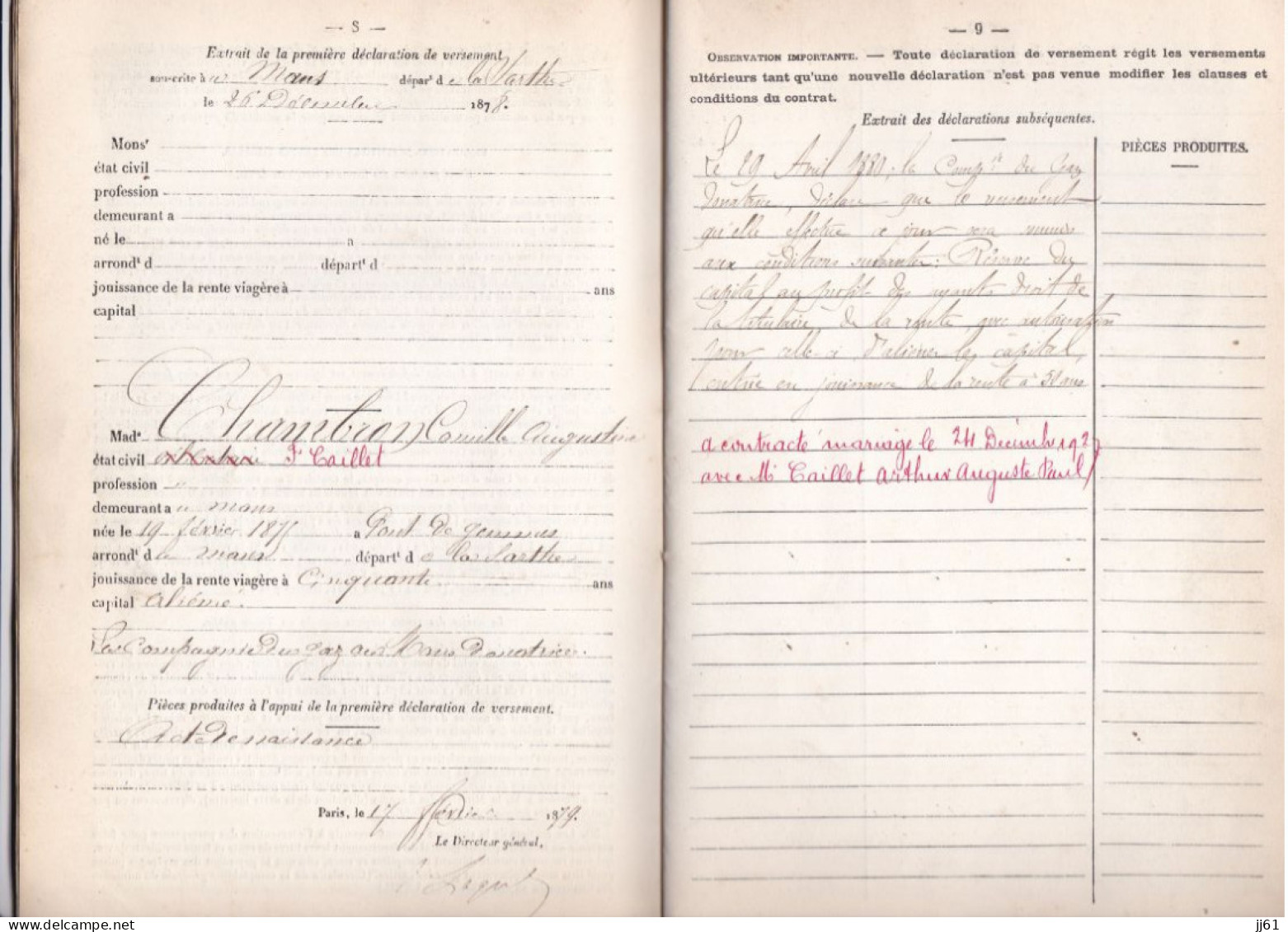 LE MANS ANCIEN LIVRET DE LA CAISSE DE RETRAITE VIEILLESSE ANNE 1878 A Mme CHAMBRON CAILLET CAMILLE  NEE A PONT DE GESNNE - Bank En Verzekering