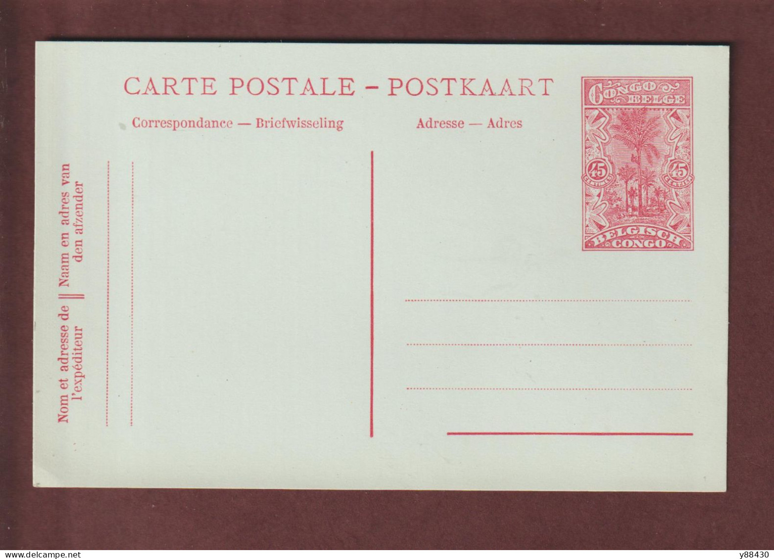 CONGO BELGE - BELGIQUE - Entier Postal Neuf - 1900/1930 - Carte Postale  - Cocotiers . 45c. Rouge - 2 Scan - Postwaardestukken