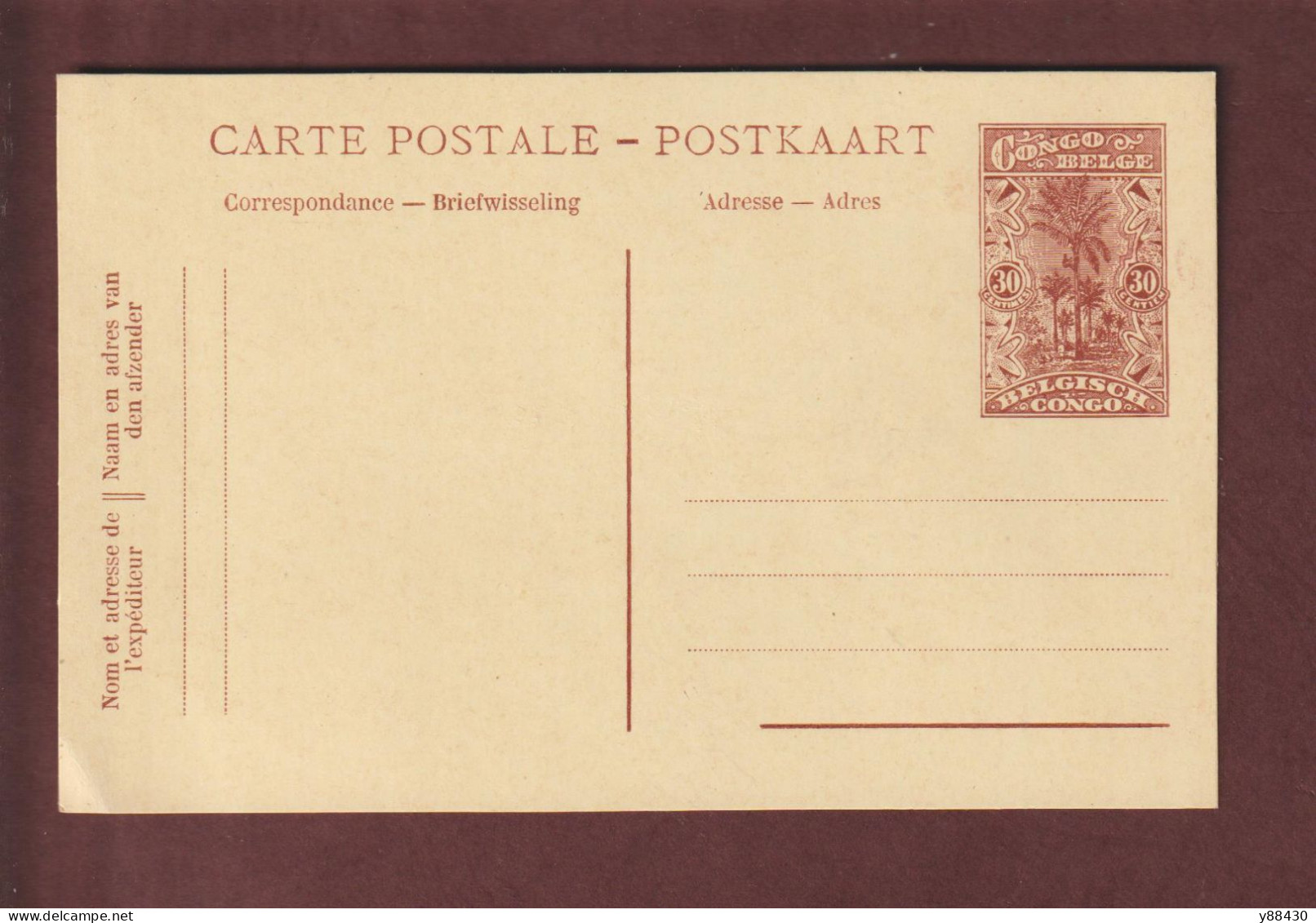 CONGO BELGE - BELGIQUE - Entier Postal Neuf - 1900/1930 - Carte Postale  - Cocotiers . 30c. Marron - 2 Scan - Postwaardestukken