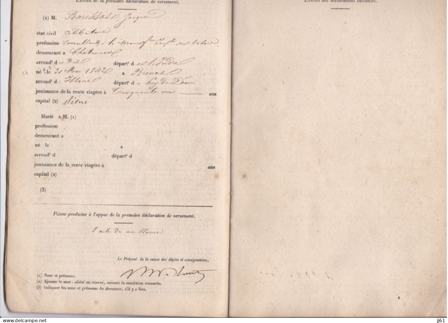 CHATEAUROUX ANCIEN LIVRET DE LA CAISSE DE RETRAITE VIEILLESSE ANNEE 1842 A M BARISSAT JACQUES A BRENAT PUY DE DOME - Bank & Insurance
