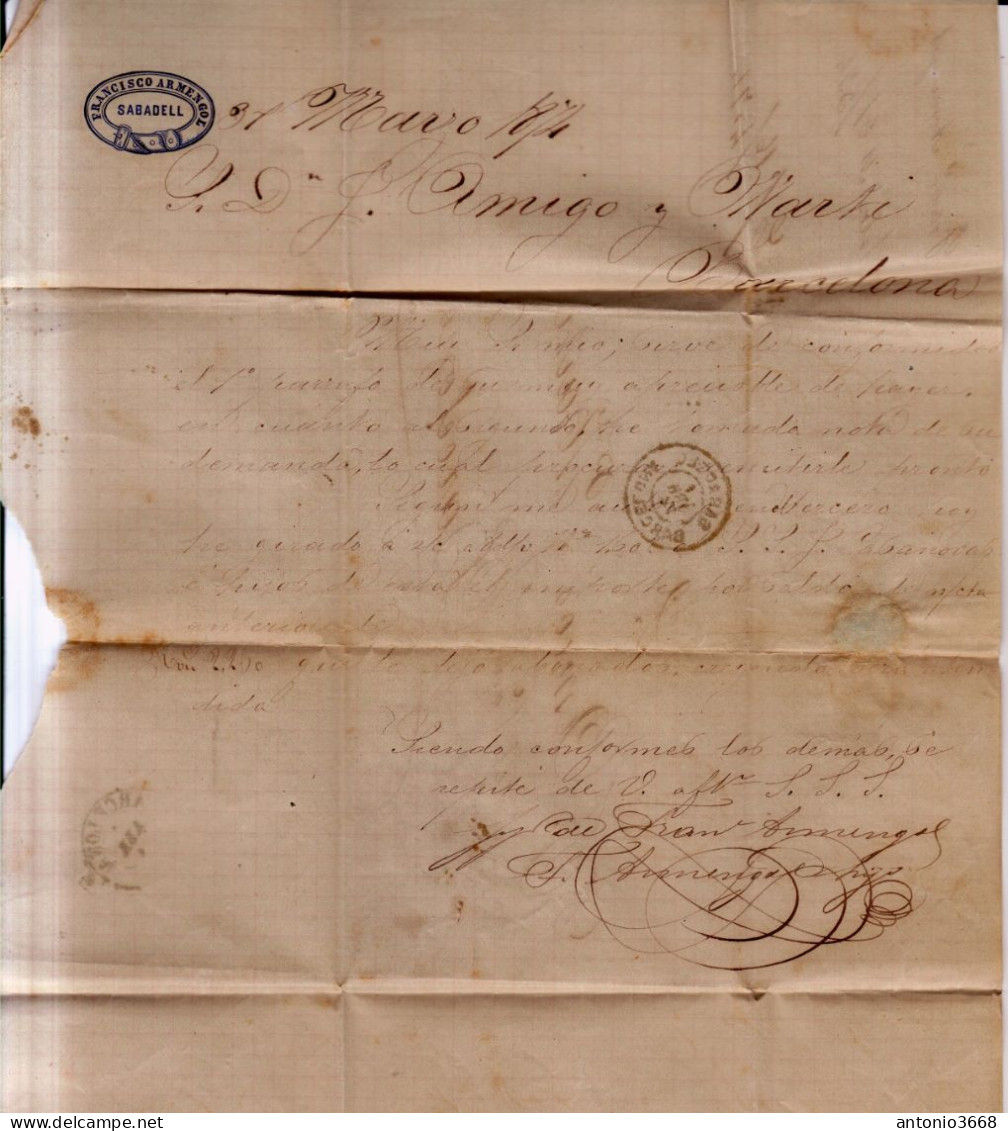 Año 1873 Edifil 133-141 Carta  Matasellos Sabadell Barcelona Membrete Francisco Armengol - Lettres & Documents