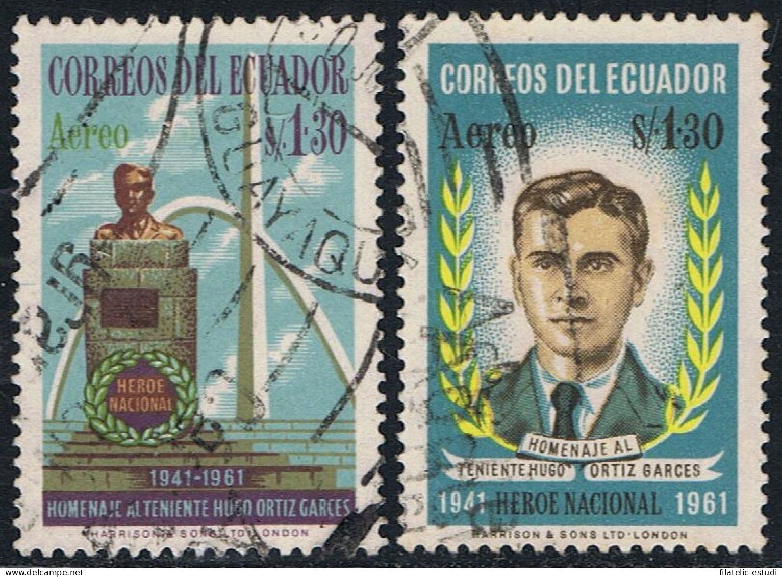 Ecuador A- 383/84 1961 20 Aniv. Muerte Teniente Hugo Ortiz Garges Usados - Equateur