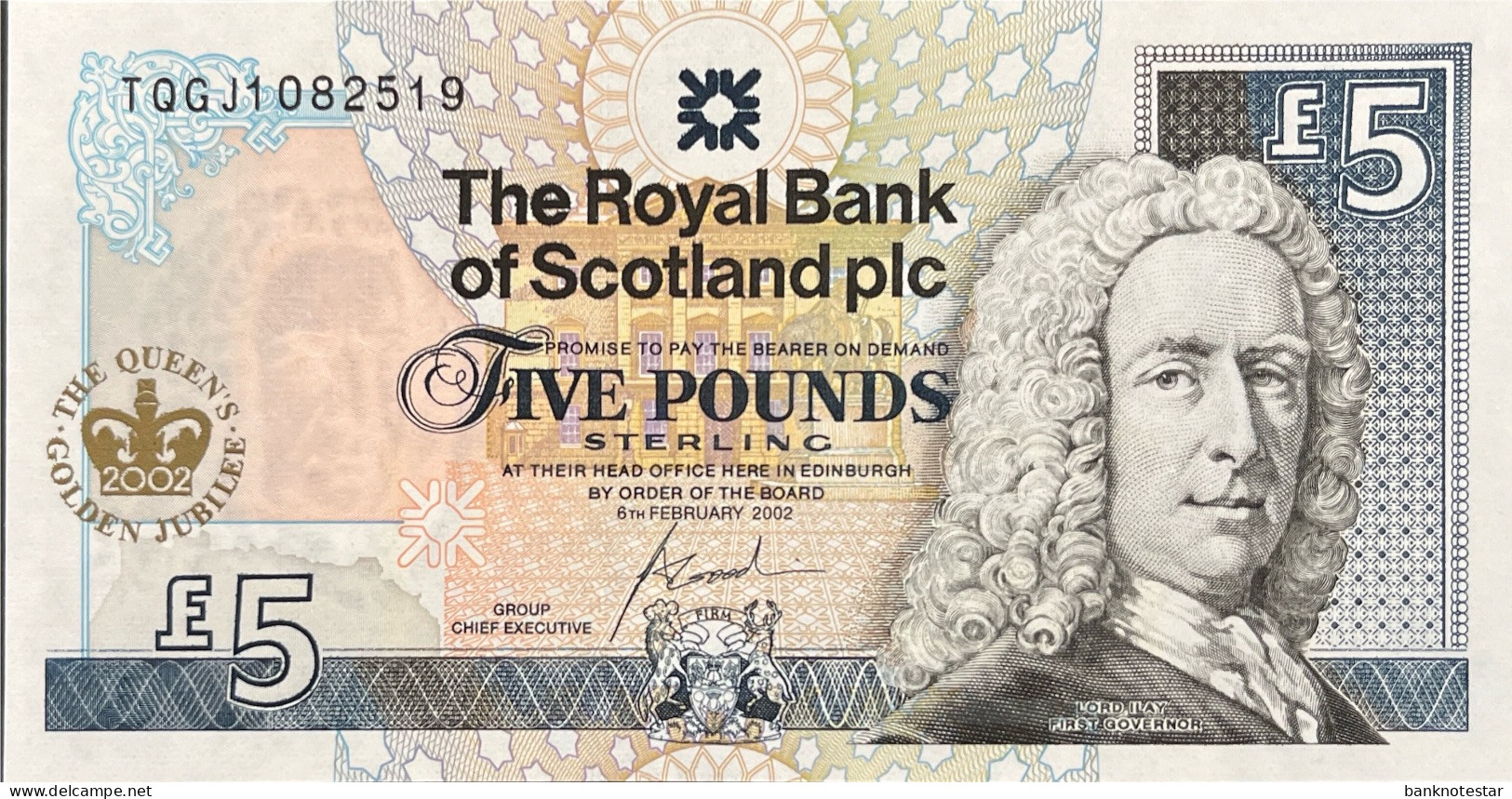 Scotland 5 Pounds, P-362 (6.2.2002) - UNC - Queen Golden Jubilee Issue - 5 Pounds