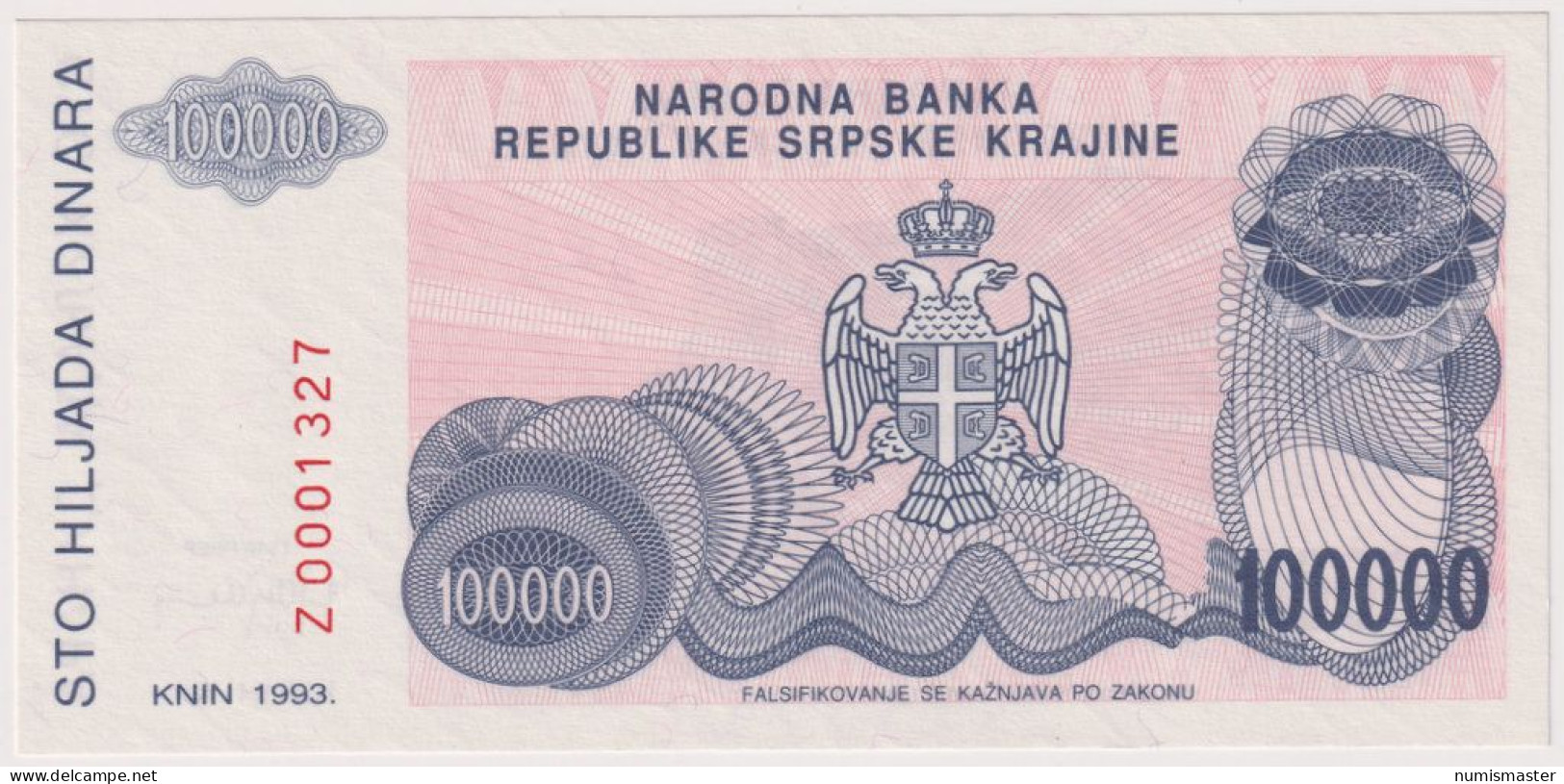 CROATIA , SERB KRAJINA 100 000 DINARA 1993 REPLACMENT , UNC - Croatie