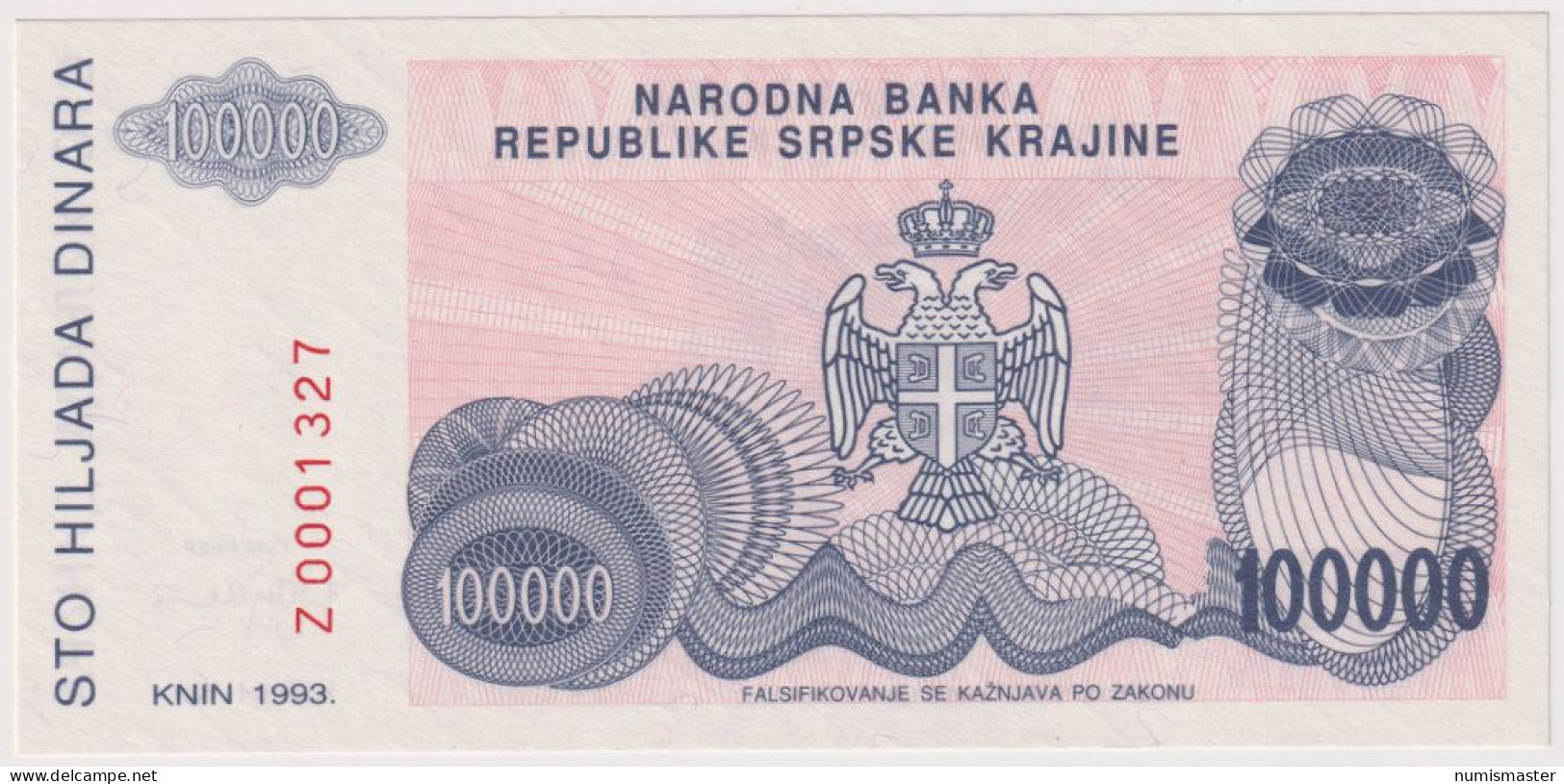 CROATIA , SERB KRAJINA 100 000 DINARA 1993 REPLACMENT , UNC - Croazia