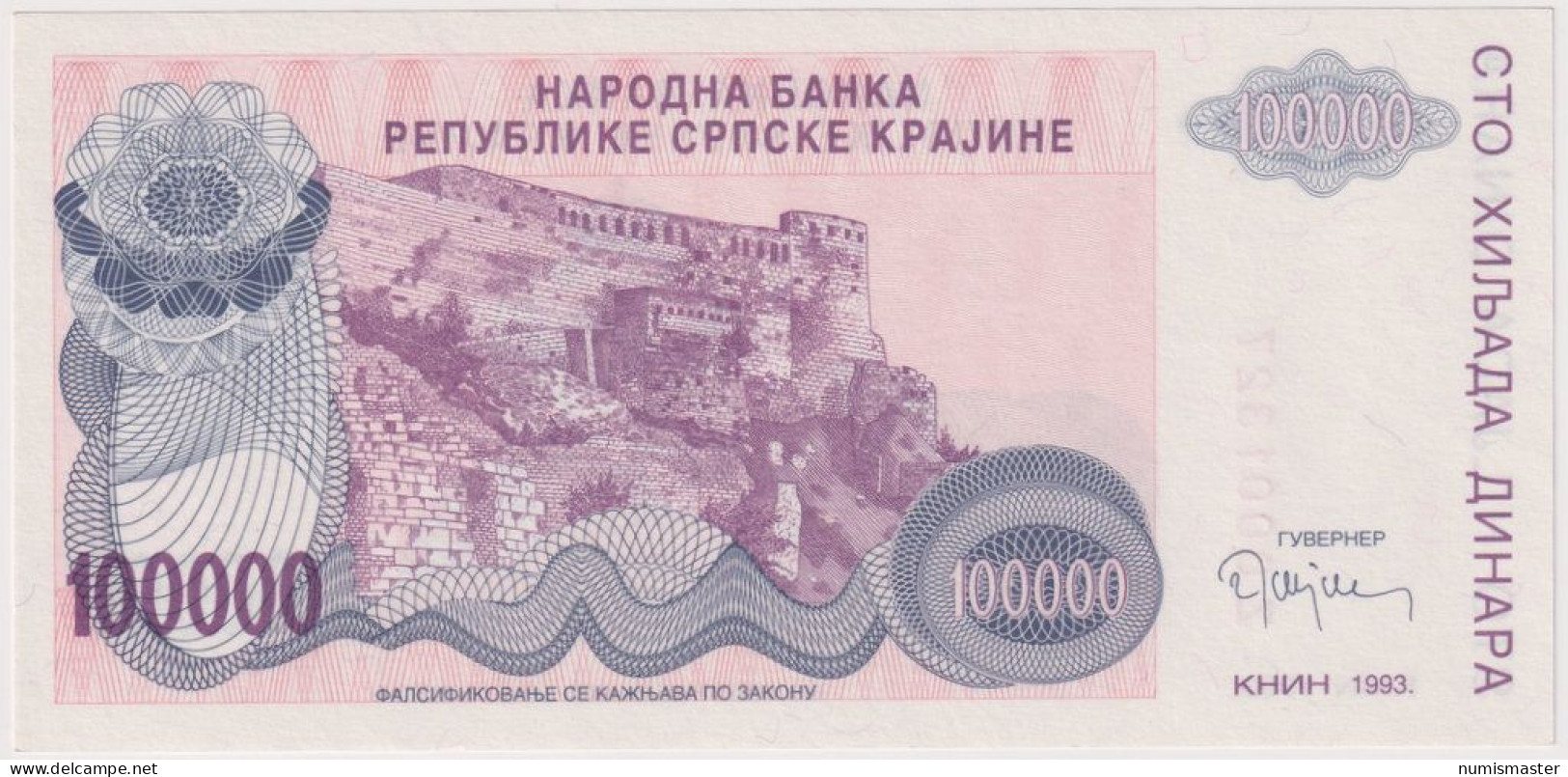 CROATIA , SERB KRAJINA 100 000 DINARA 1993 REPLACMENT , UNC - Croatie