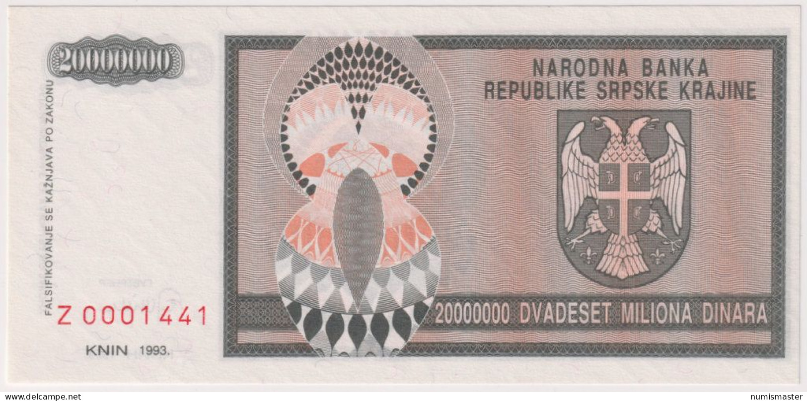 CROATIA , SERB KRAJINA 20 000 000 DINARA 1993 REPLACMENT , UNC - Croatia