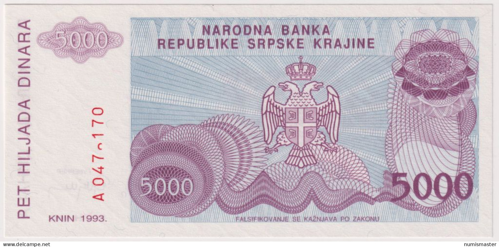 CROATIA , SERB KRAJINA 5 000 DINARA 1993 SERIAL ERROR , UNC - Croatie