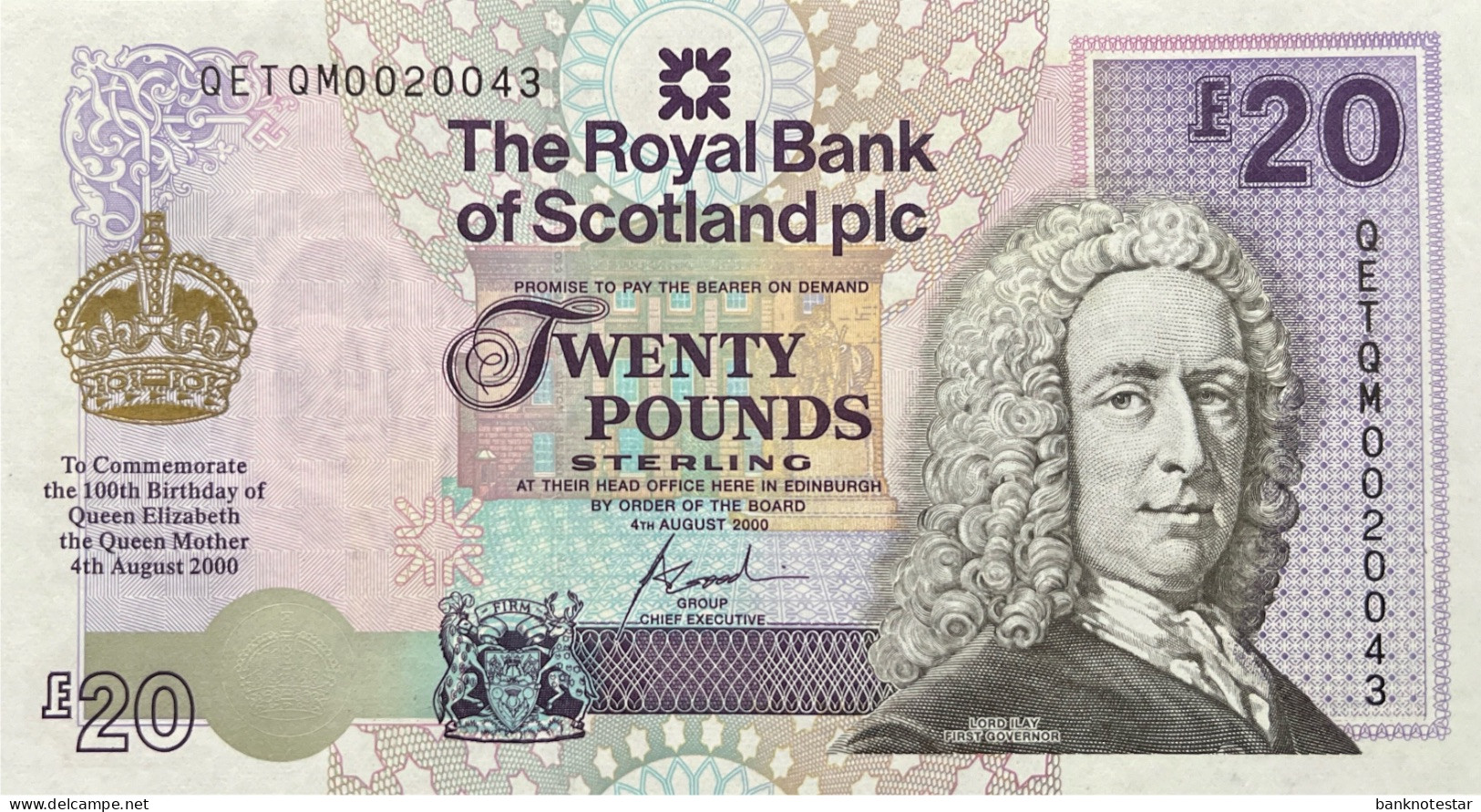 Scotland 20 Pounds, P-361 (4.8.2000) - UNC - Queen Mother 100th Birthday Issue - 20 Pounds