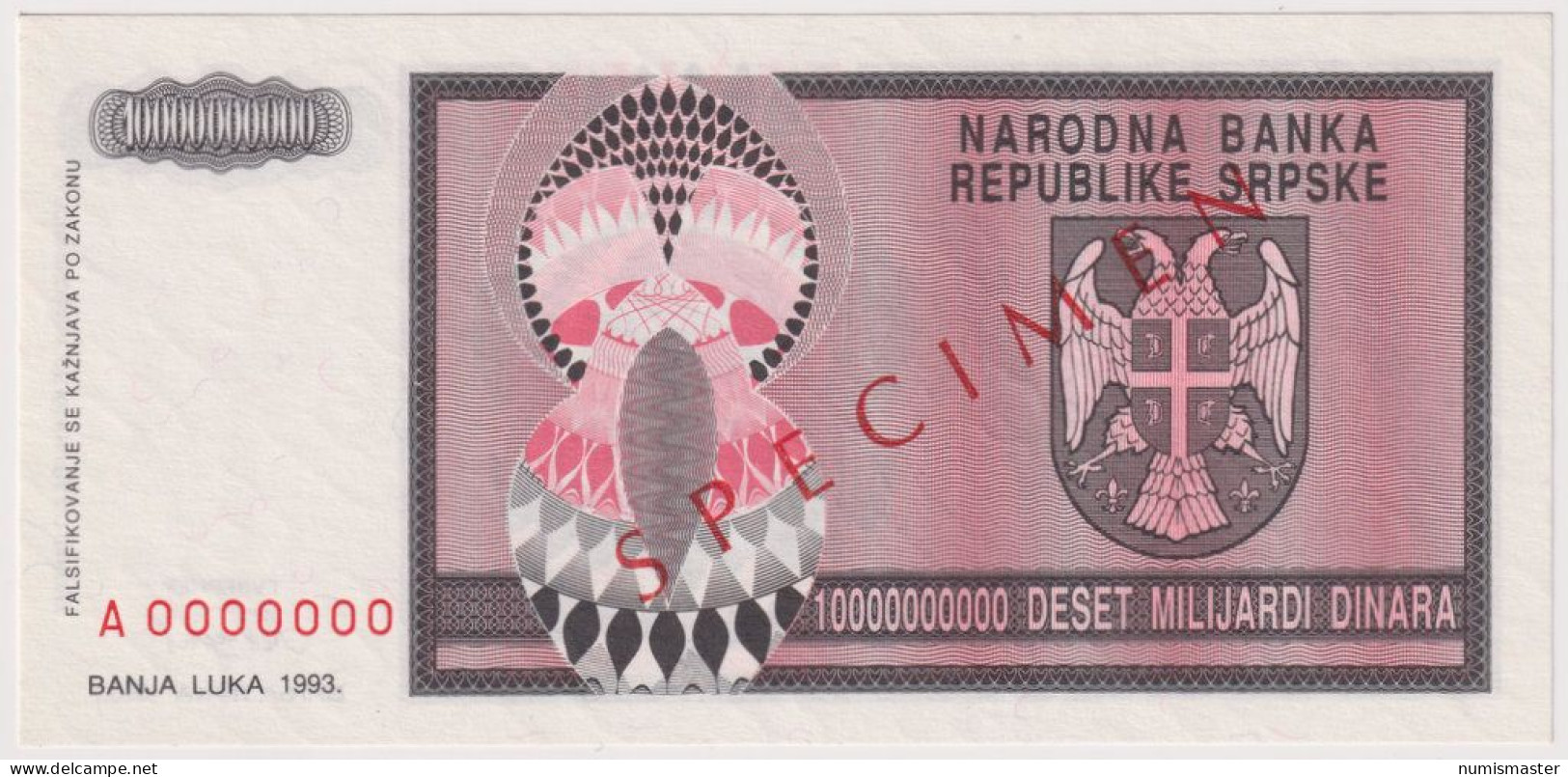 BOSNIA SERB REPUBLIC , 10 000 000 000 DINARA 1993 SPECIMEN , UNC - Bosnia And Herzegovina