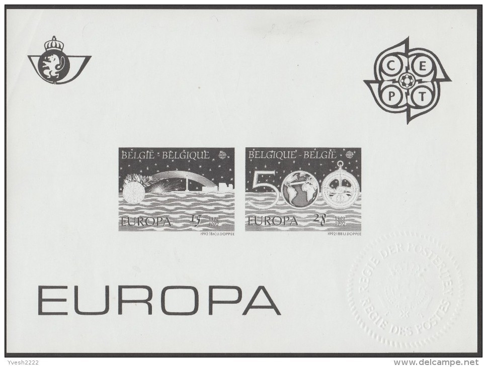Belgique 1992 Y&T 2454/5. Feuillet Noir Avec Sceau à Sec De La Poste. Europa, Découverte De L'Amérique, Colomb - 1992