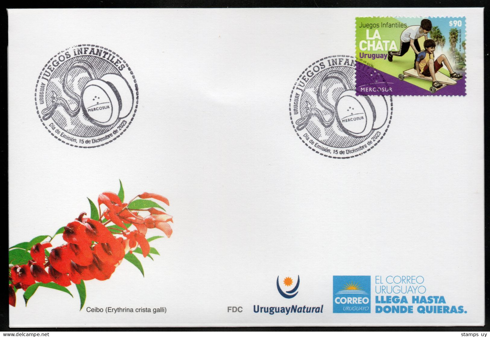 URUGUAY 2023 (Joint Issue, Mercosur, Games, Children, Toys, Wooden Cart, YoYo, Ruleman, Palm, Tree, Crux, Stars) - 1 FDC - Emissions Communes