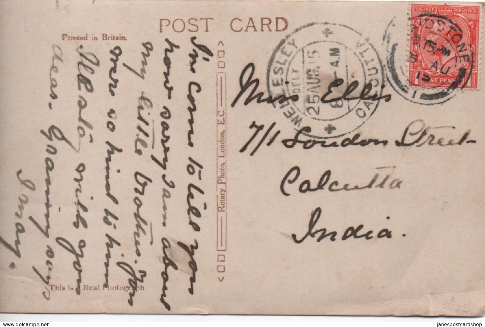 GOOD WELLESLEY CALCUTTA INDIA POSTMARK - ON REAL PHOTOGRAPHIC POSTCARD OF A CAT - Postales