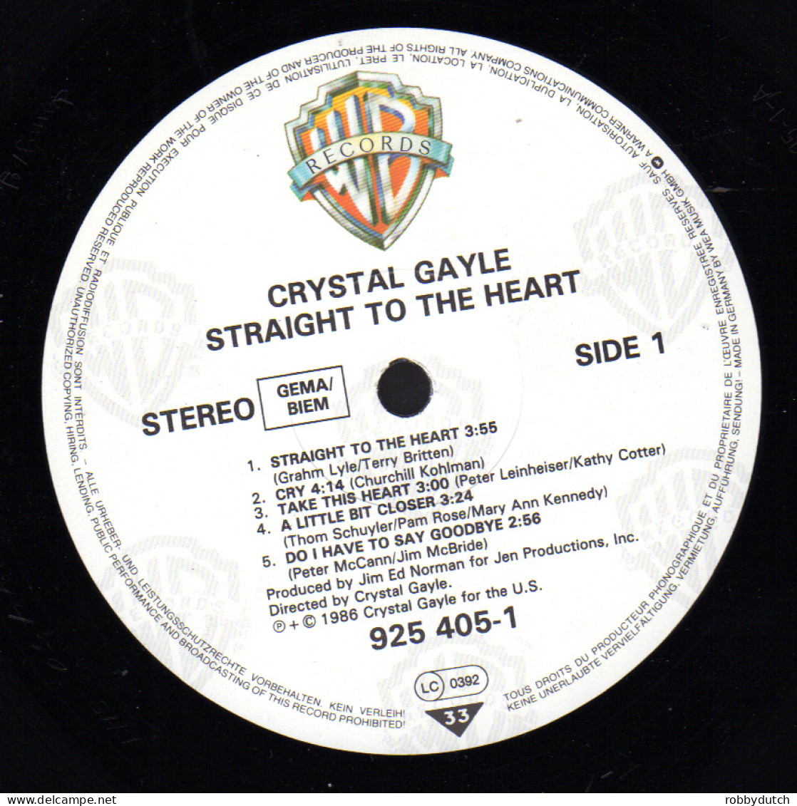 * LP *  CRYSTAL GAYLE - STRAIGHT TO THE HEART (Europe 1986) - Country & Folk