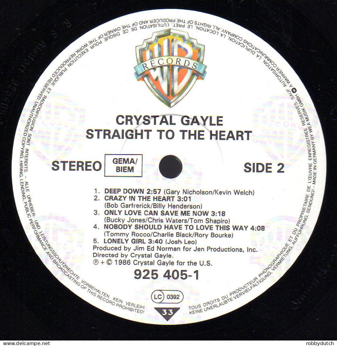 * LP *  CRYSTAL GAYLE - STRAIGHT TO THE HEART (Europe 1986) - Country Et Folk