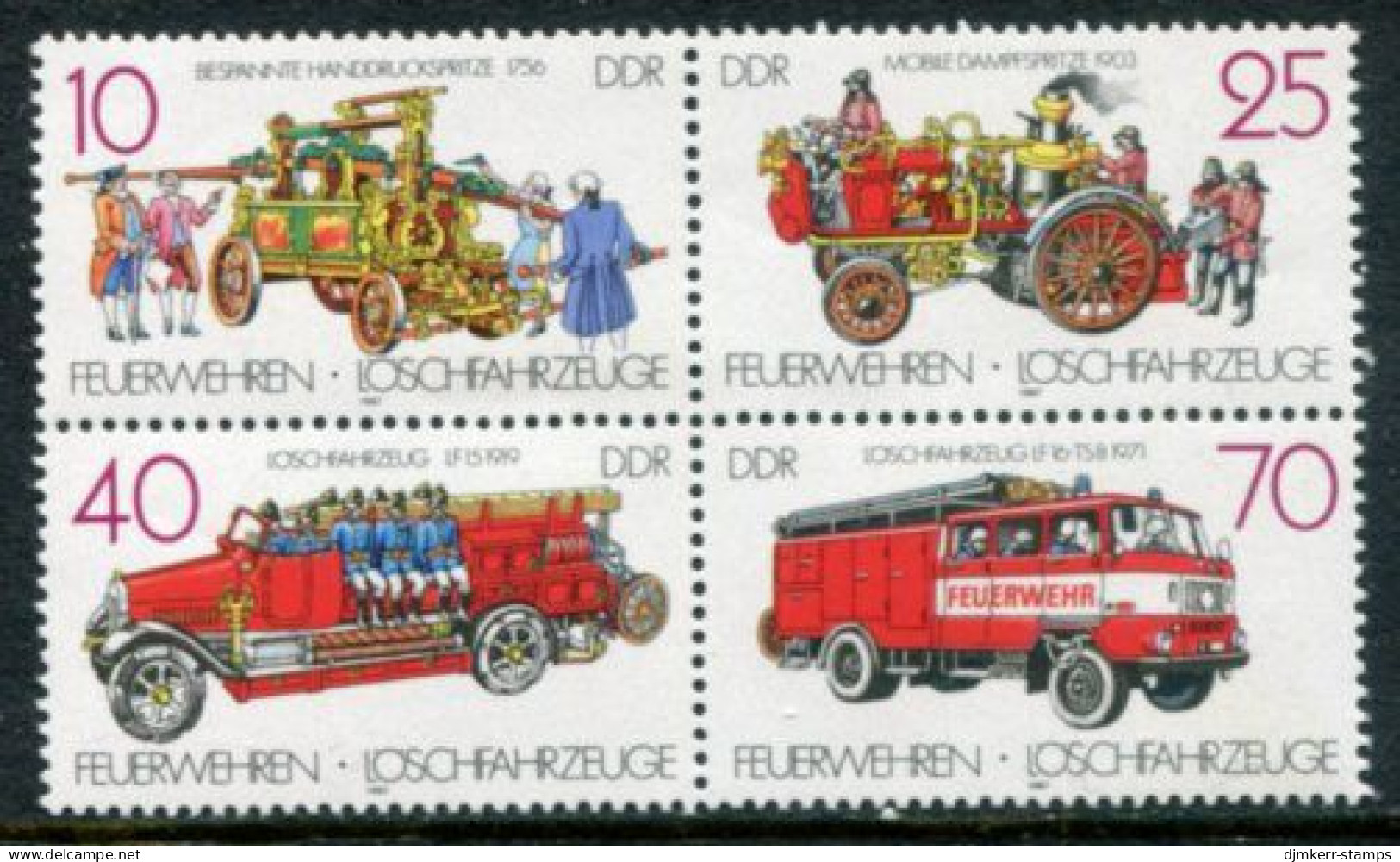 EAST GERMANY / DDR 1987 Fire Engines Block MNH / **.  Michel 3102-04 - Unused Stamps