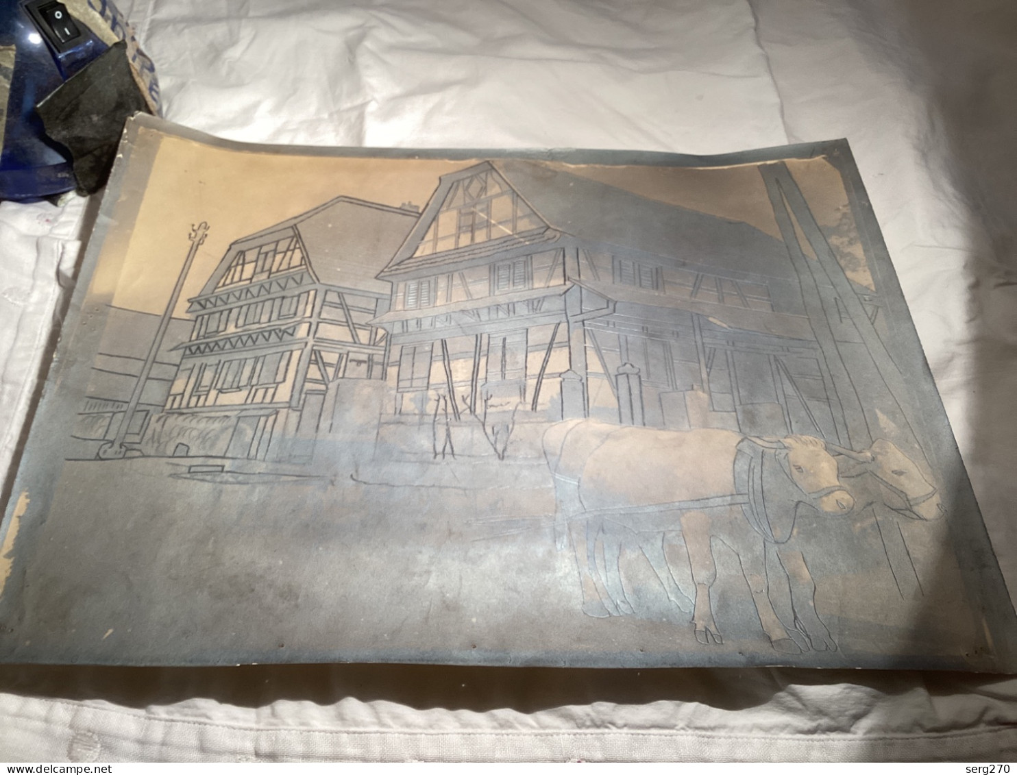 Dessin Original Ancien Maison, Alsacienne, Vache, Strasbourg, Colmar, Village, Alsacien - Drawings