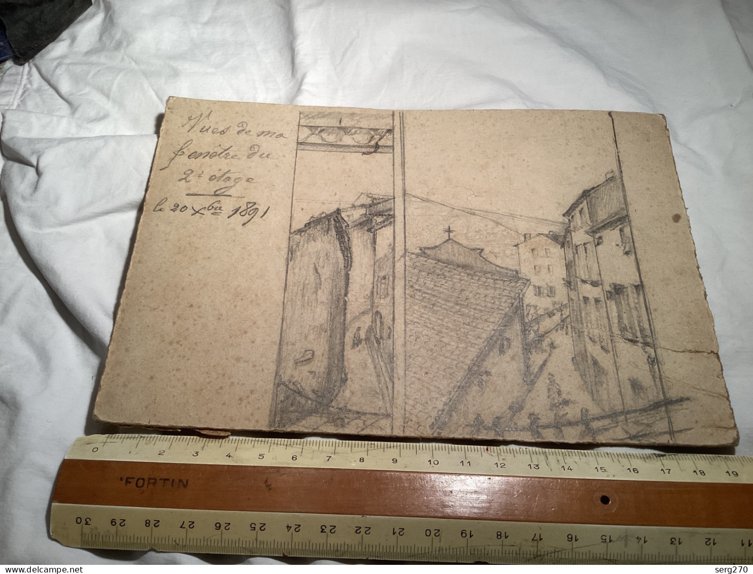 Dessin Original Ancien Dessin Sur Carton Vue De Ma Fenêtre Du Deuxième étage Le Xe  1891 - Dessins