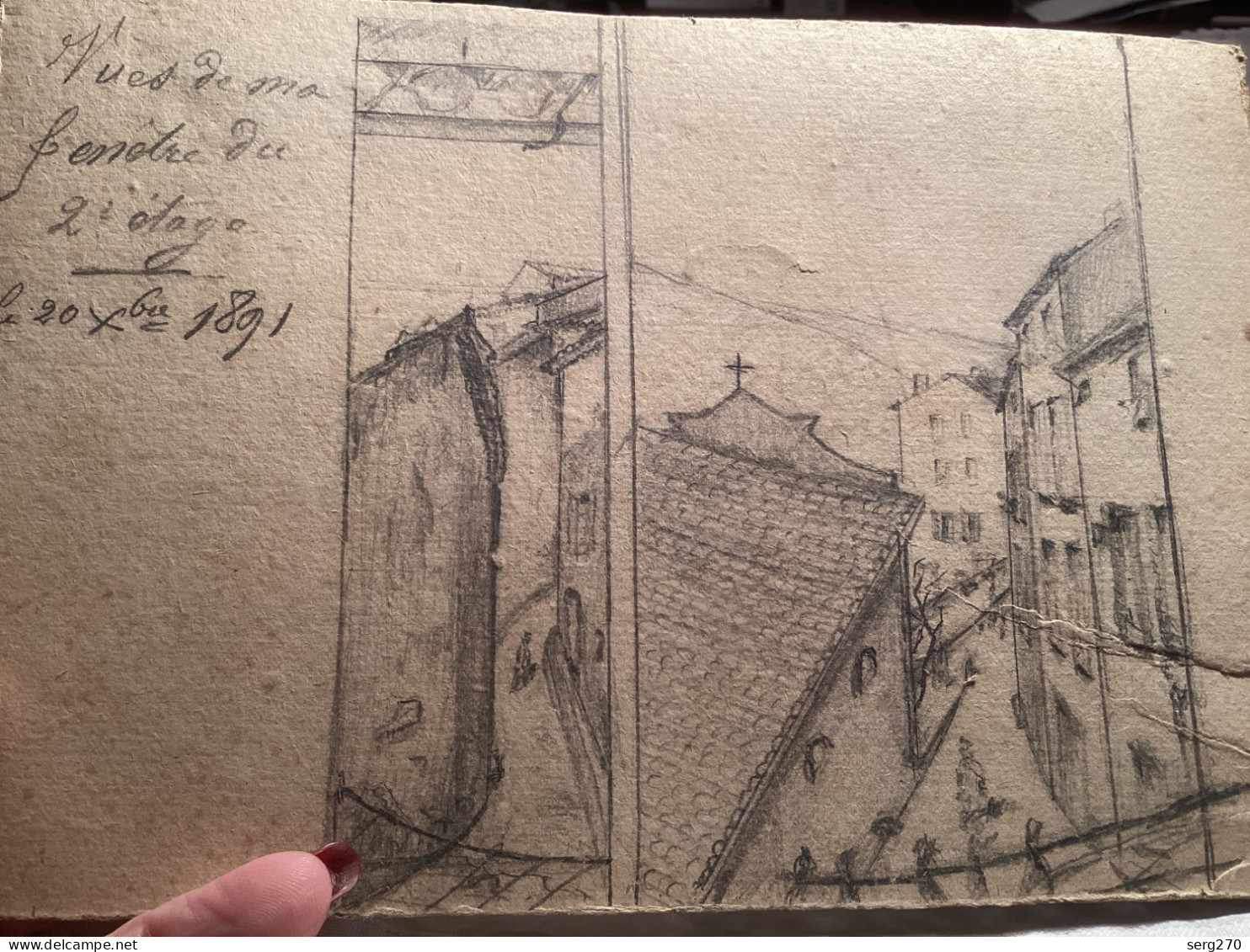 Dessin Original Ancien Dessin Sur Carton Vue De Ma Fenêtre Du Deuxième étage Le Xe  1891 - Dibujos