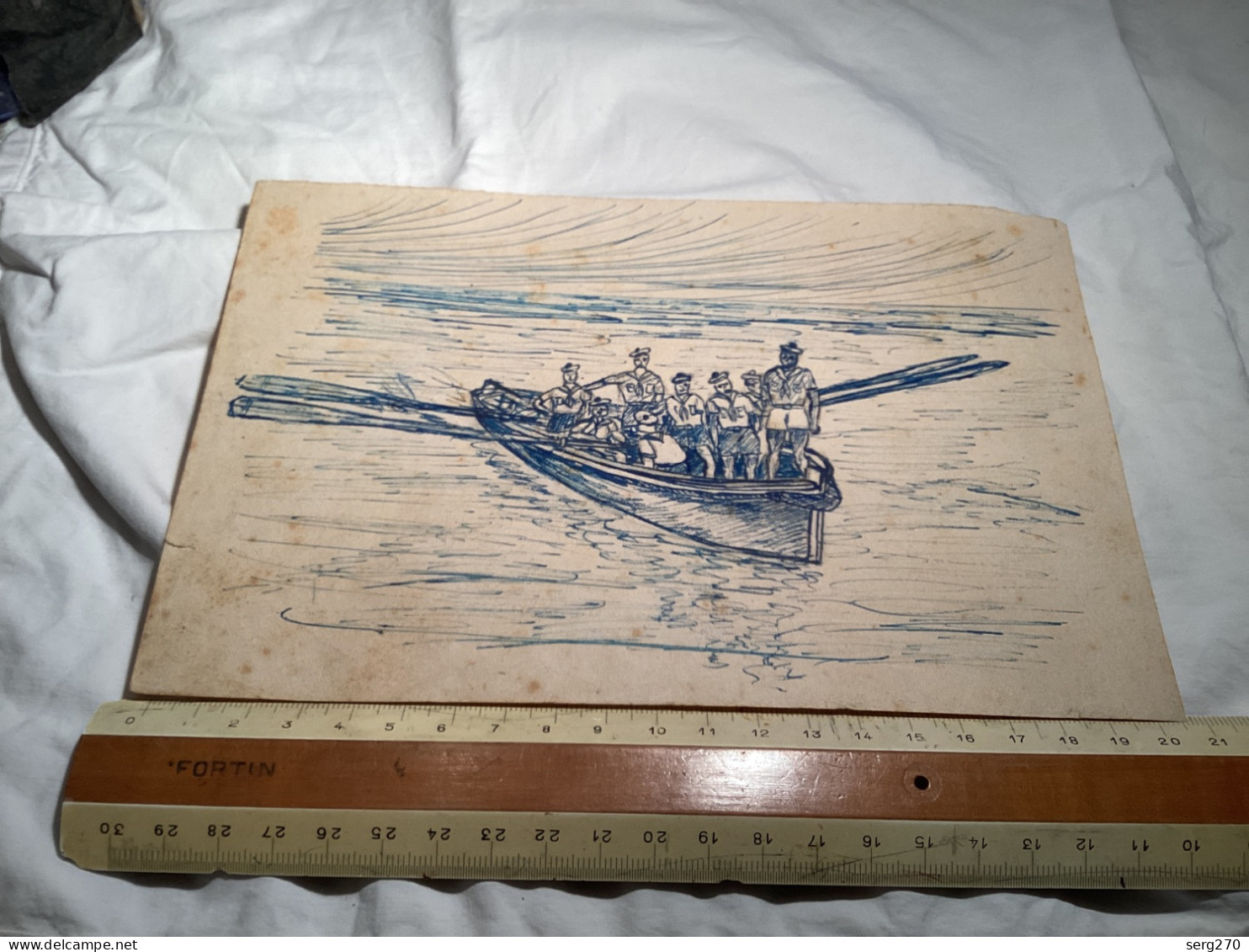 Dessin Original Ancien Dessin, Fait Sur Une Feuille à Dessin, Homme Militaire, Marine Nationale Sur Un Bateau Barque Ave - Drawings