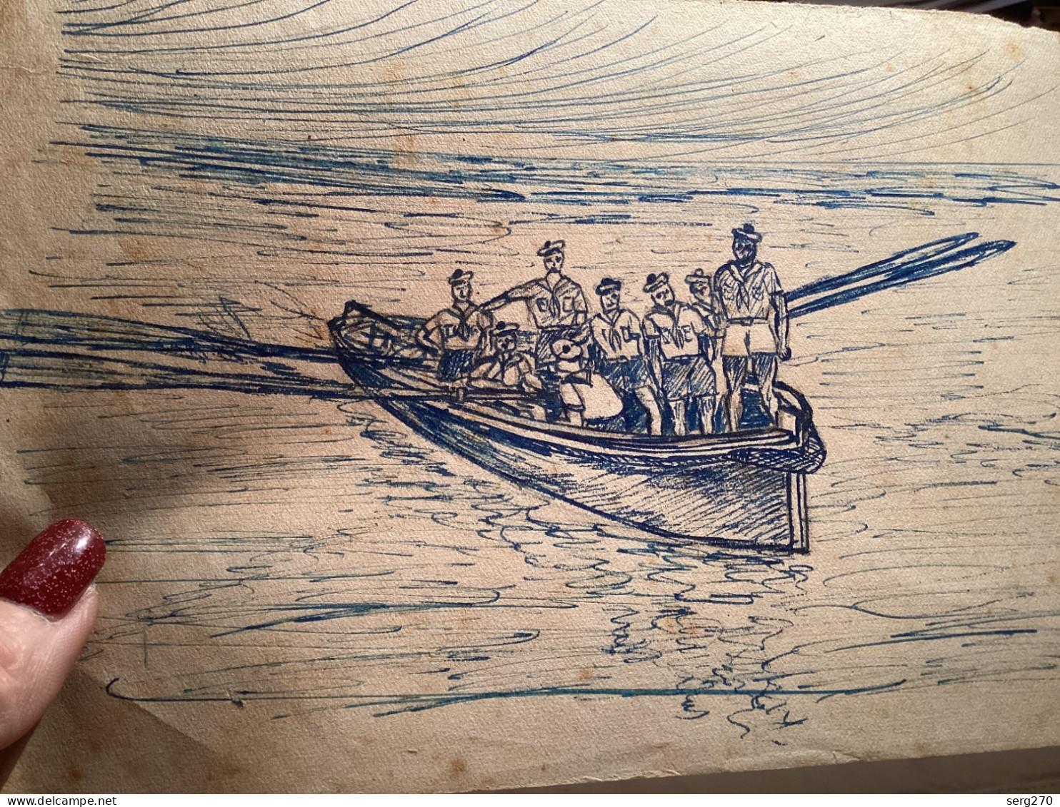 Dessin Original Ancien Dessin, Fait Sur Une Feuille à Dessin, Homme Militaire, Marine Nationale Sur Un Bateau Barque Ave - Disegni