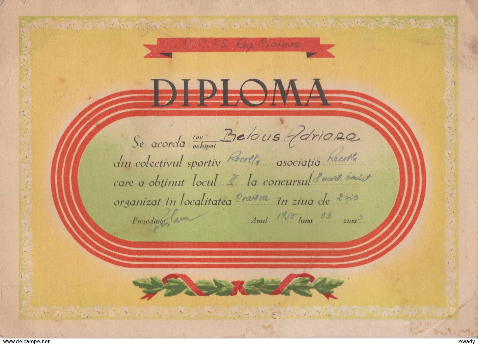 Romania - CCFS Regiunea Craiova - Diploma - Locul II Baschet (1957) - Other & Unclassified