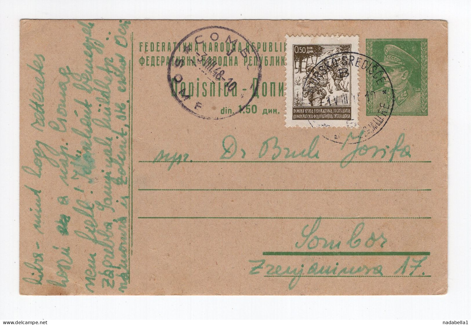 1948. YUGOSLAVIA,CROATIA,MURSKO SREDISCE POSTMARK,STATIONERY CARD,USED TO SOMBOR - Entiers Postaux