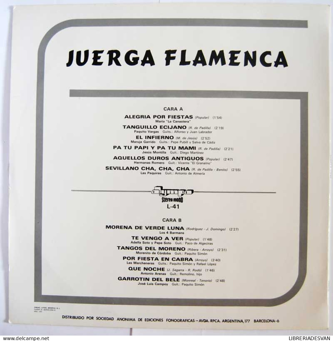 Juerga Flamenca. La Canastera, Las Paquiras, Morenito De Córdoba, Paquito Vargas Y Otros. LP - Otros & Sin Clasificación