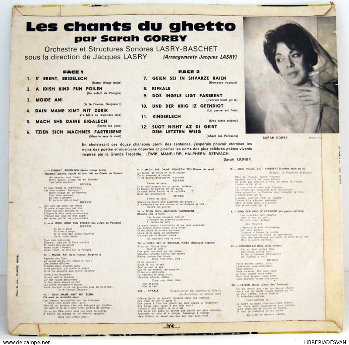 Sarah Gorby - Les Chants Du Ghetto. LP 30 5 034 - Autres & Non Classés