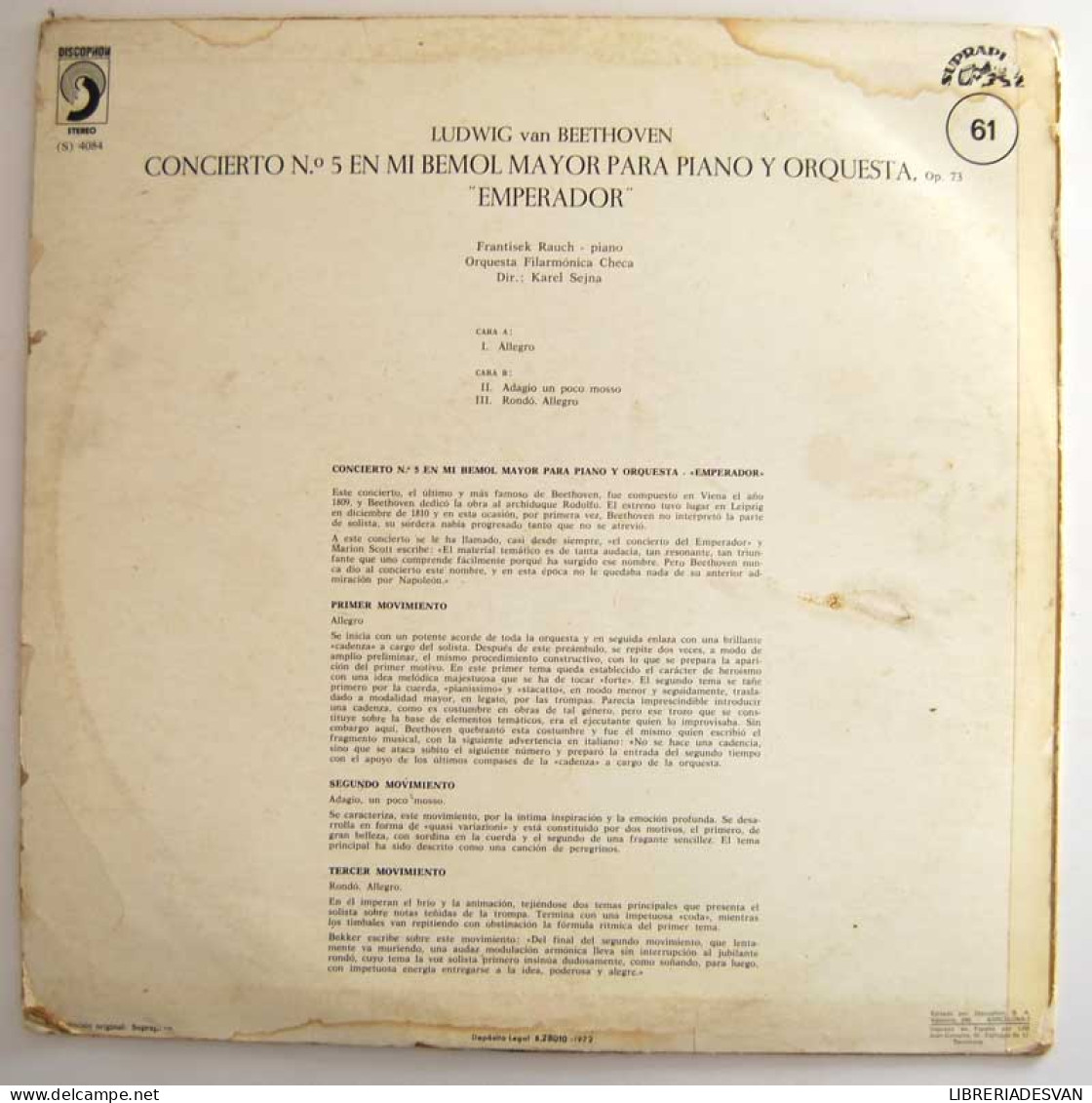 Beethoven - Concierto Nº 5 En Mi Bemol Mayor Para Piano Y Orquesta Emperador. LP - Other & Unclassified