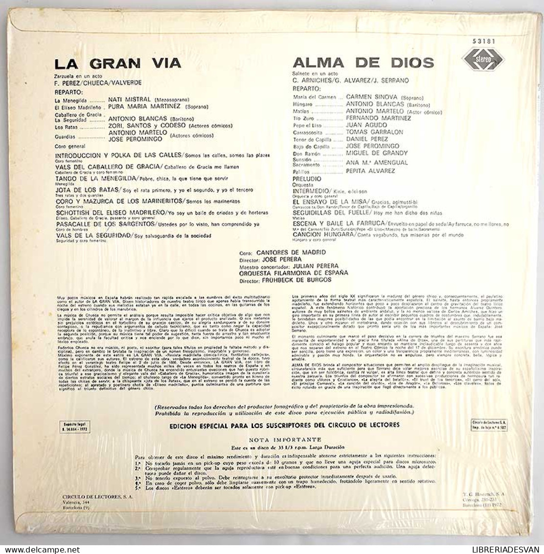 Pérez. Chueca. Valverde. Arniches. Alvarez. Serrano - La Gran Vía. Alma De Dios. LP - Andere & Zonder Classificatie