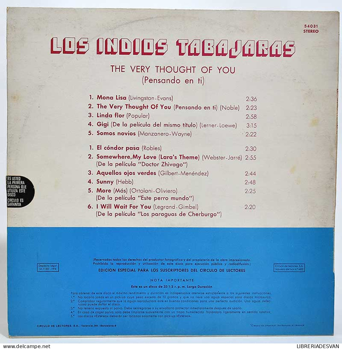 Los Indios Tabajaras - The Very Thought Of You. LP - Altri & Non Classificati