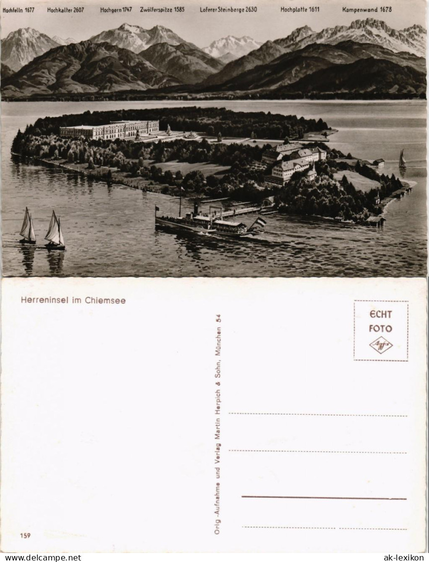 Ansichtskarte Chiemsee Herreninsel, Alpen - Vogelschau Fotokunst 1958 - Chiemgauer Alpen