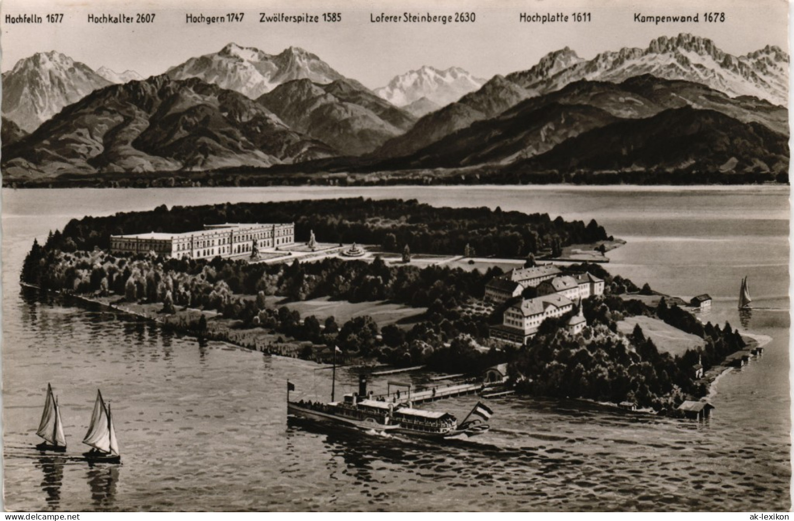 Ansichtskarte Chiemsee Herreninsel, Alpen - Vogelschau Fotokunst 1958 - Chiemgauer Alpen