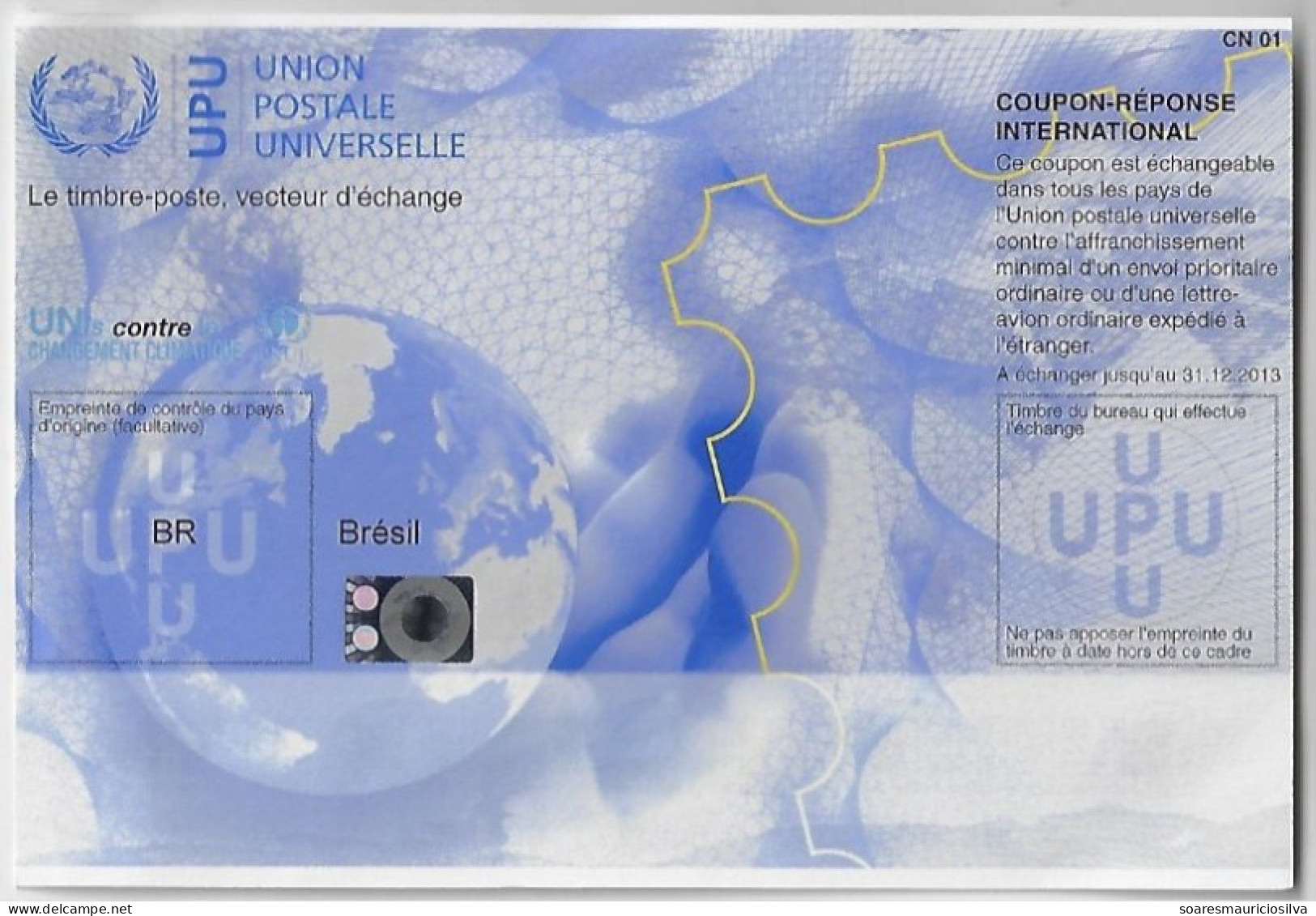 Brazil 2013 Internatiotal Reply Coupon Coupon-réponse Hand Holding Earth Globe United Nations Against Climate Change - Lettres & Documents