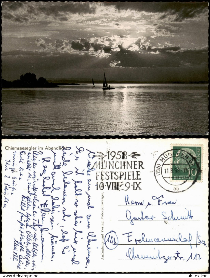 Ansichtskarte Chiemsee Chiemsee Segler Abendlicht - Stimmungsbild 1959 - Chiemgauer Alpen