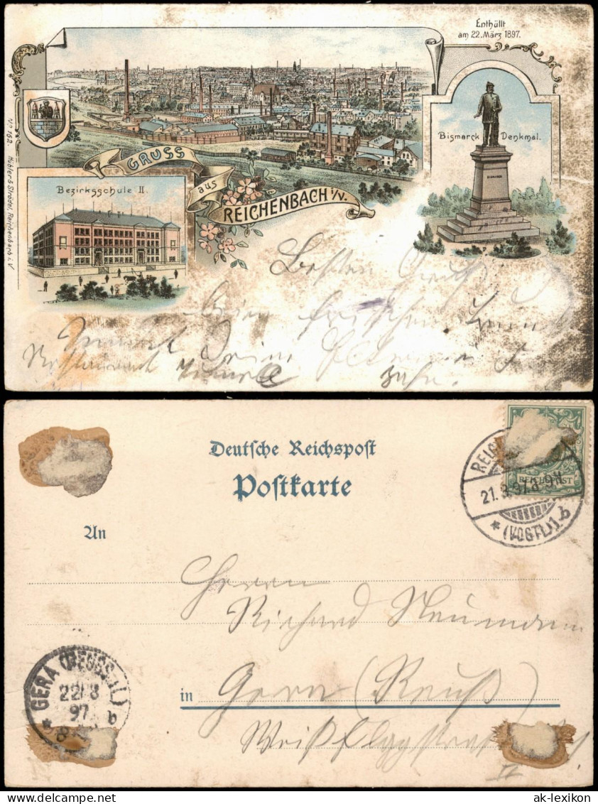 Litho AK Reichenbach (Vogtland) Bezirksschule, Bismarckdenkmal 1897 - Reichenbach I. Vogtl.