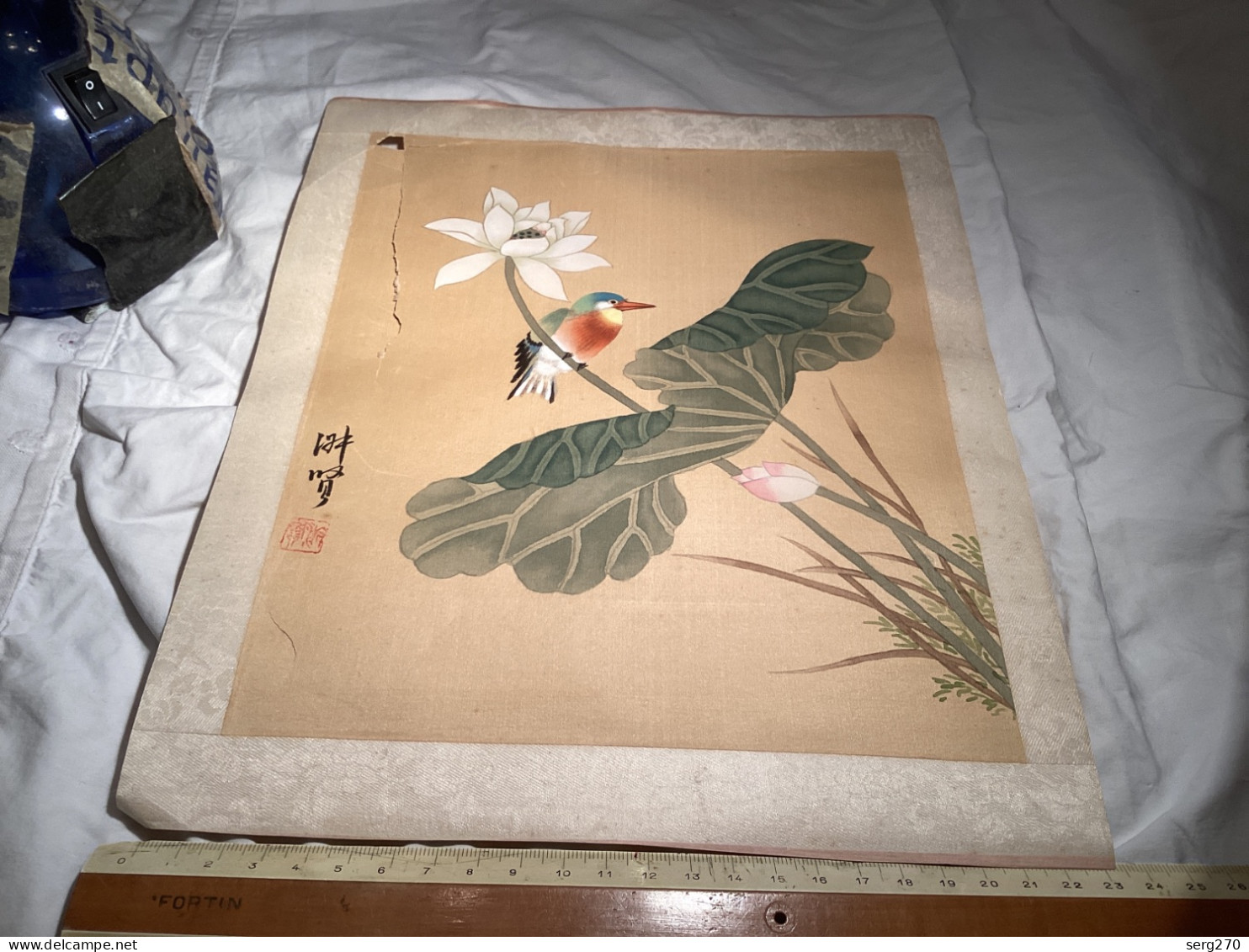 Dessin Original Ancien Dessin Chinois Japonais, Fleurs Oiseaux Sur Une Branche De Fleurs En L’état - Zeichnungen