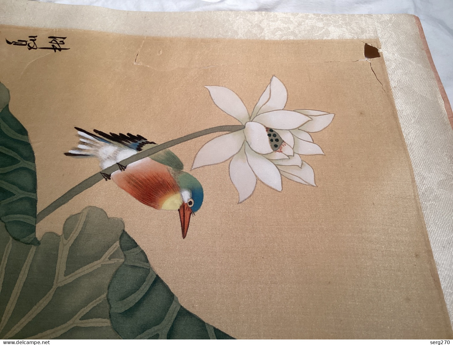 Dessin Original Ancien Dessin Chinois Japonais, Fleurs Oiseaux Sur Une Branche De Fleurs En L’état - Zeichnungen