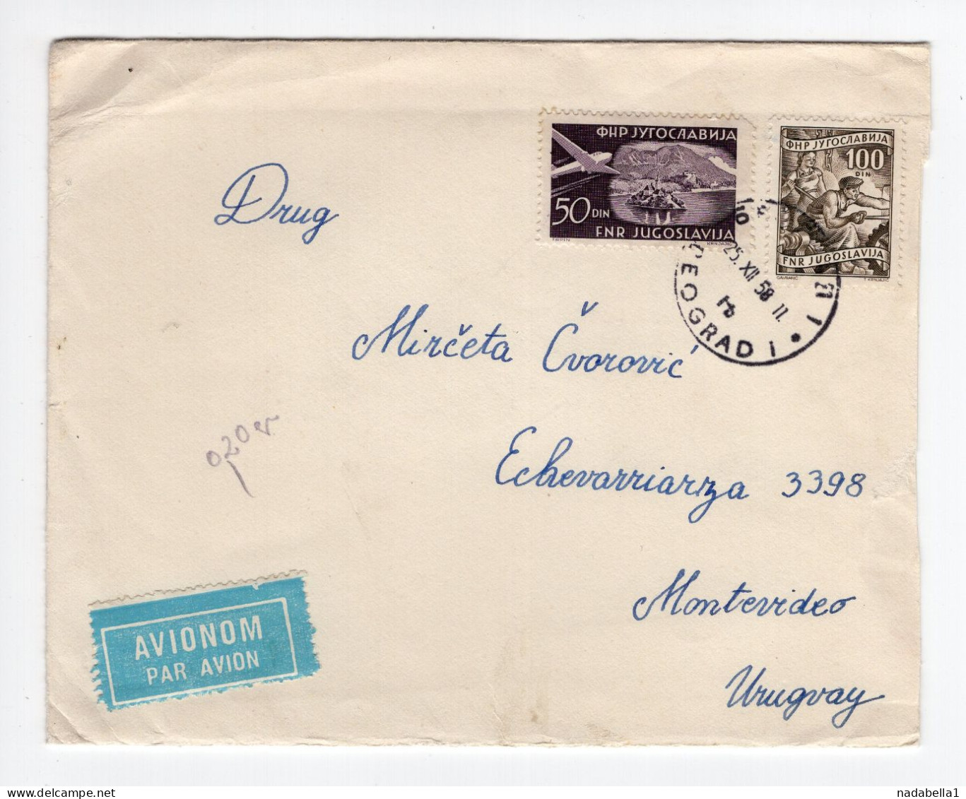 1958. YUGOSLAVIA,SERBIA,BELGRADE,AIRMAIL COVER TO MONTEVIDEO,URUGUAY - Aéreo