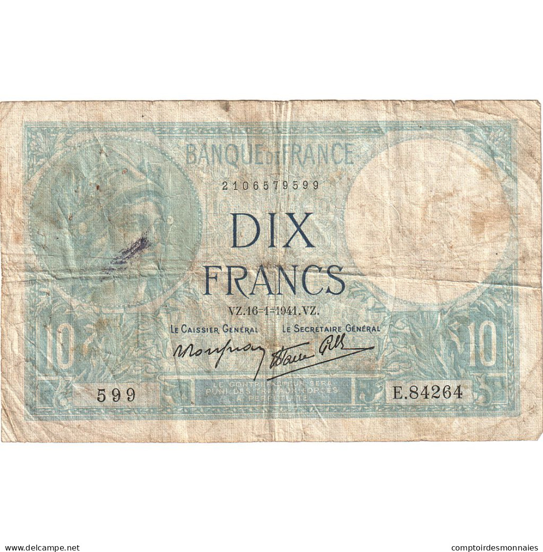 France, 10 Francs, Minerve, 1941, E.84264, B, Fayette:7.28, KM:84 - 10 F 1916-1942 ''Minerve''