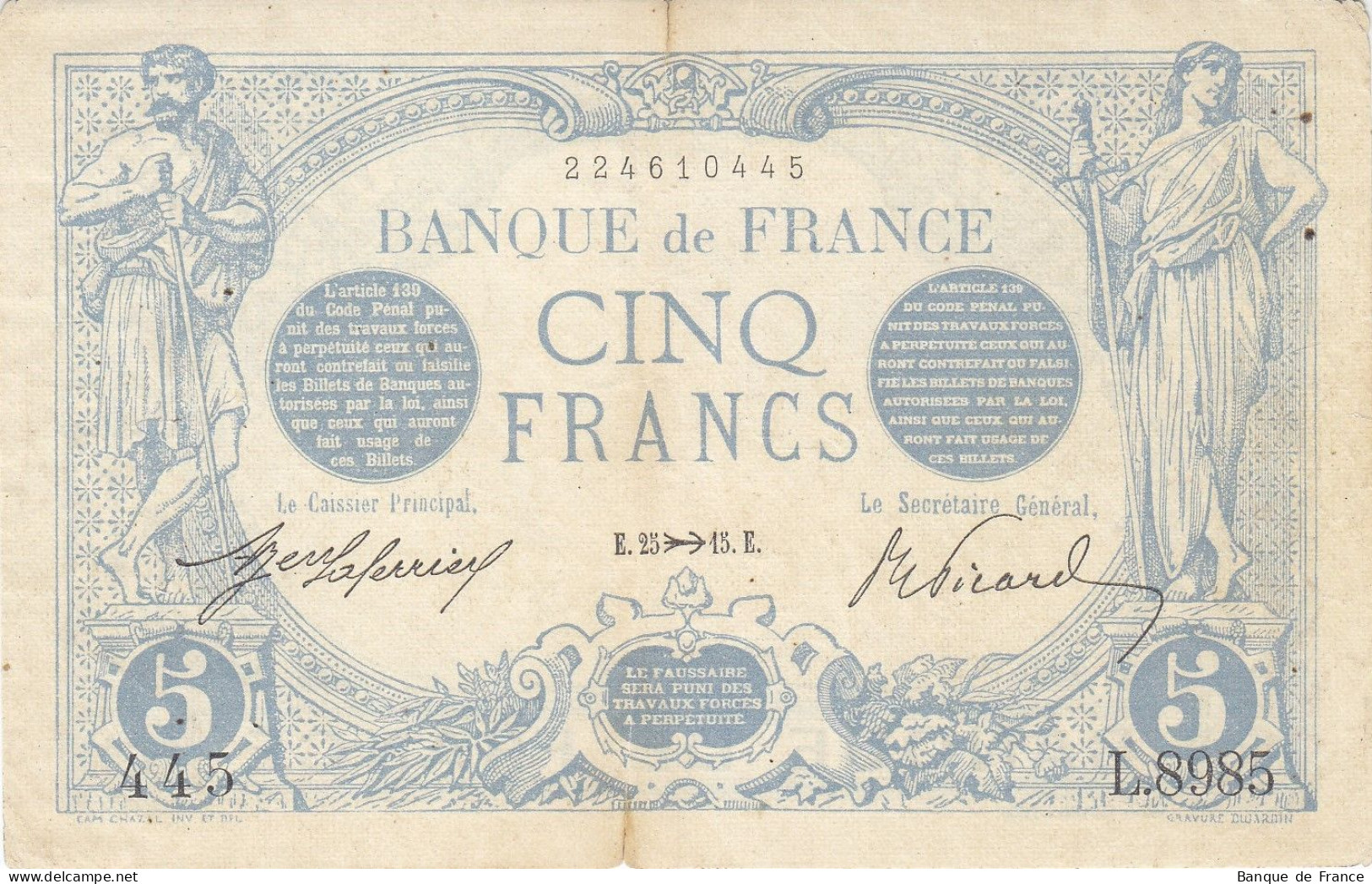 Billet 5 F Bleu Du 25-11-1915 FAY VF 02.33 Alph. L.8985 - 1 épinglage - 5 F 1912-1917 ''Bleu''