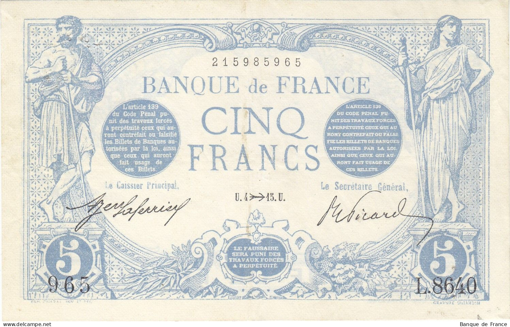 Billet 5 F Bleu Du 4-11-1915 FAY VF 02.33 Alph. L.8640 BEL ÉTAT - 5 F 1912-1917 ''Bleu''