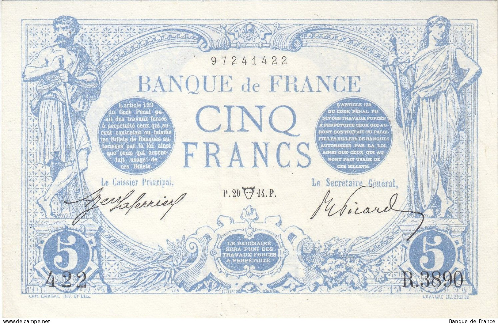 Billet 5 F Bleu Du 20-4-1914 FAY VF 02.22 Alph. B.3890 P/SPL - 5 F 1912-1917 ''Bleu''