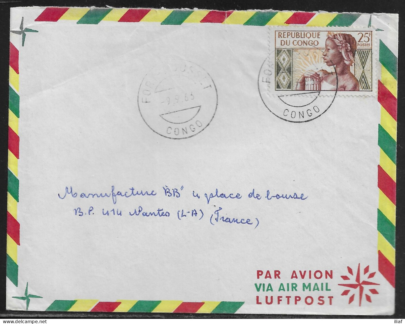 Congo.  Stamp Sc. 89 On Commercial Air Mail Letter, Sent On 9.09.1963 From Fort-Rousset To France - Briefe U. Dokumente