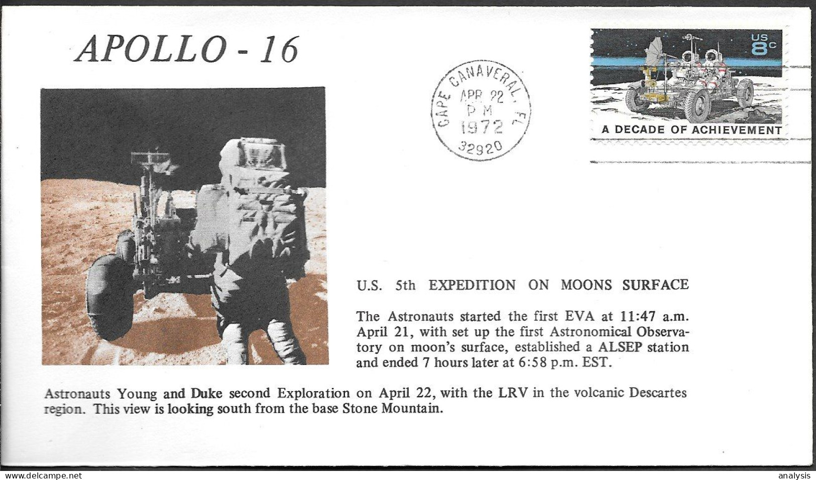 US Space Cover 1972. "Apollo 16" EVA-2 Lunar Rover - Stati Uniti